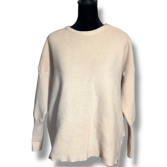 Fashion Cozy Horizontal Rib Knit Lighweight Cream Long Sleeve Crew Neck Sweater - Picture 2 of 14